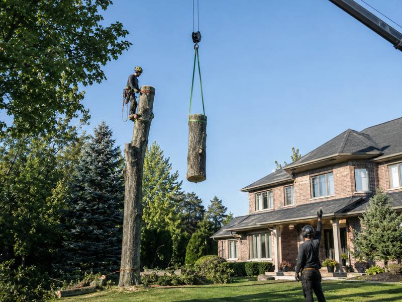 A Willowdale Tree Service crew freeing a cut trunk section near a construction site