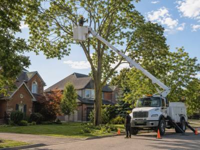 Bucket truck working a street tree between two Willowdale properties