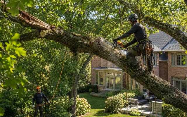 Large broken limb still hanging over a yard, rigged for controlled removal