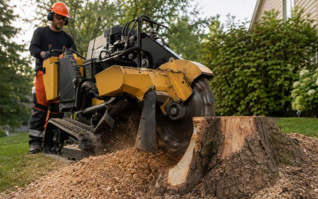Grinder wheel cutting into a stump with chips coming off the face