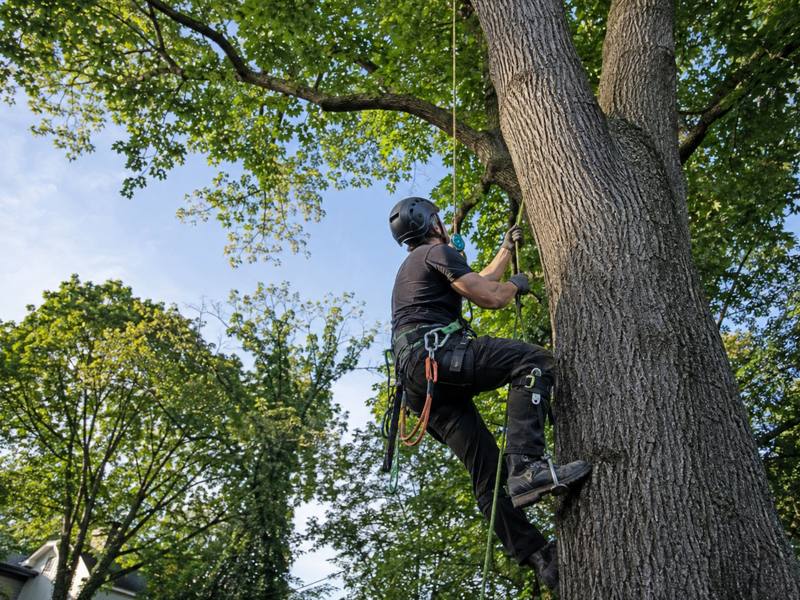 Climber ascending a mature tree's trunk on rope and spikes